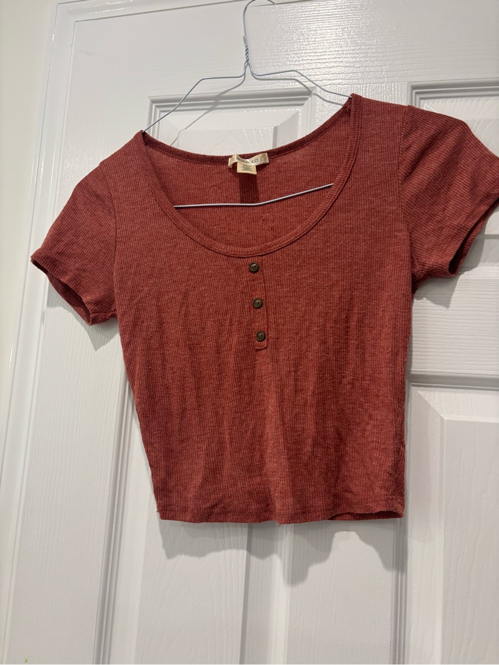 Bozzolo Rust Ribbed Scoop Neck Crop Top with Button Placket